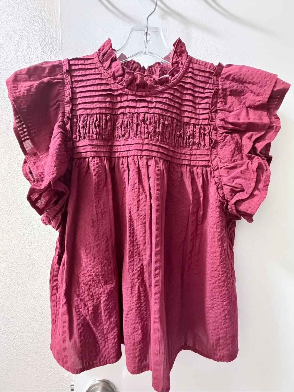 THML Textured Ruffled Pintuck Top in Deep Rose